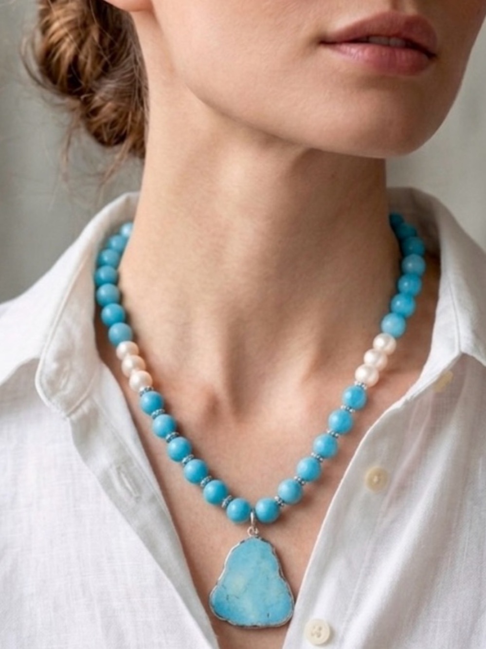 NEW Mary Kent Designs Turquoise and Pearl Beaded Necklace, 22.5”